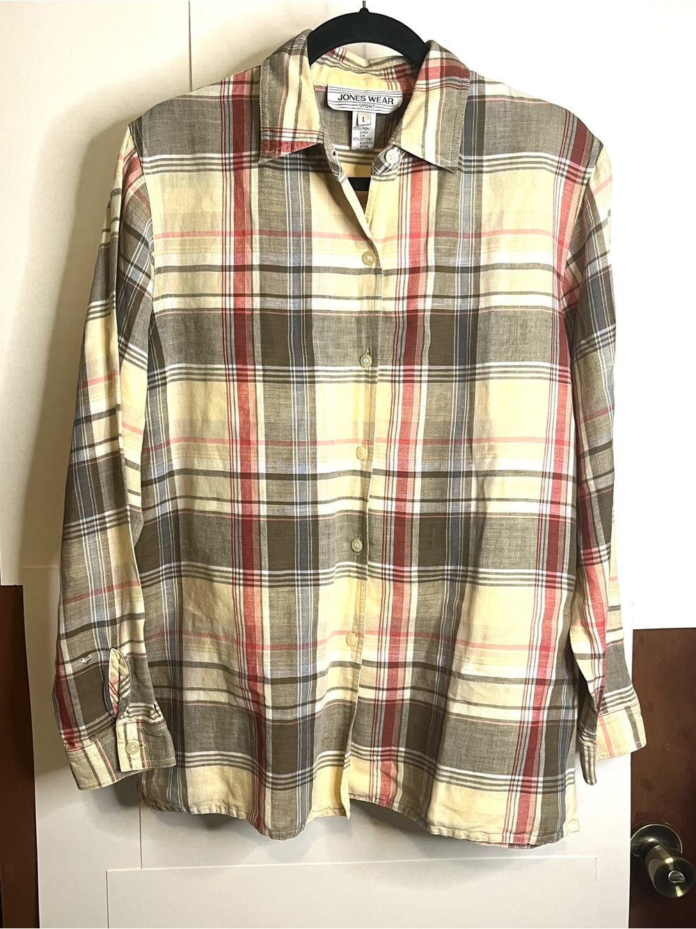 Jones Wear Sport Women’s Size L Linen Cotton Plaid Button-Down Shirt